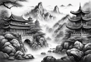 forearm sleeve traditional chinese art painting style autumn mountains mist fog water Chinese temple female with pony tail wearing robes seated meditating in the background tattoo idea