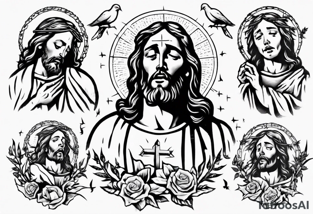 Jesus with thorns looking up and crying, doves, lambs, blood tattoo idea