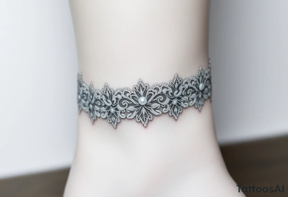 A white lace choker tattoo, with soft shading to create a realistic fabric texture and tiny pearl accents tattoo idea