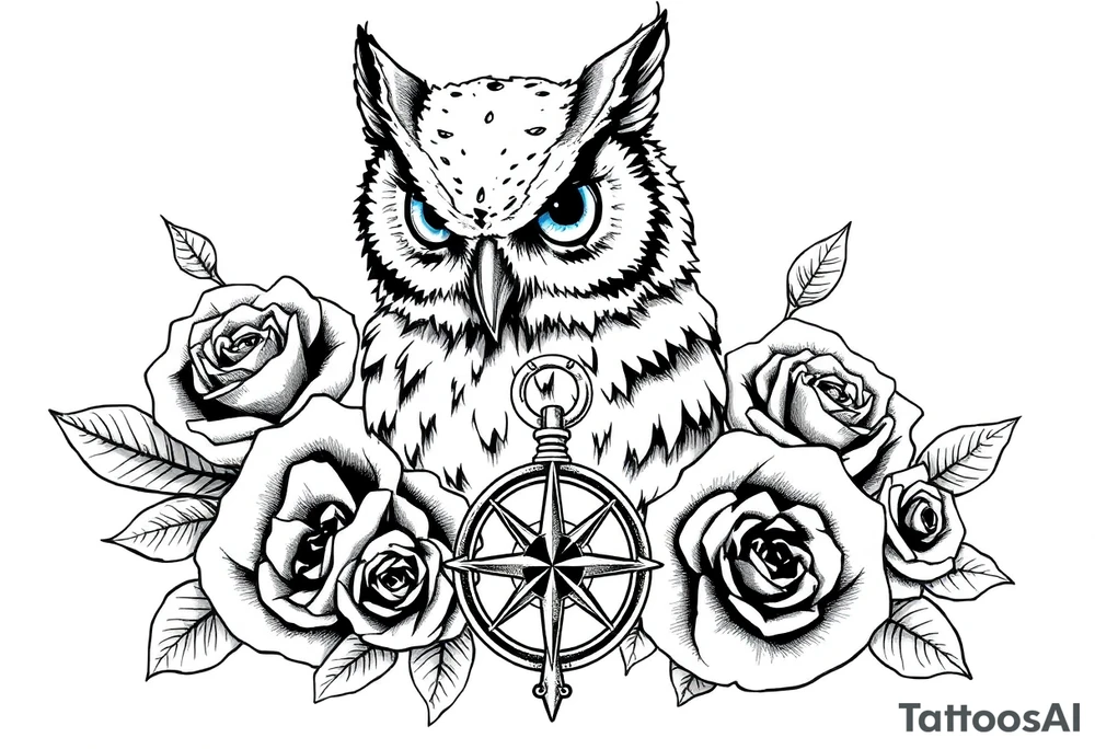 an owl,roses,compass,key. tattoo idea