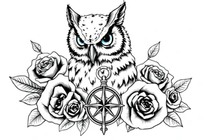 an owl,roses,compass,key. tattoo idea