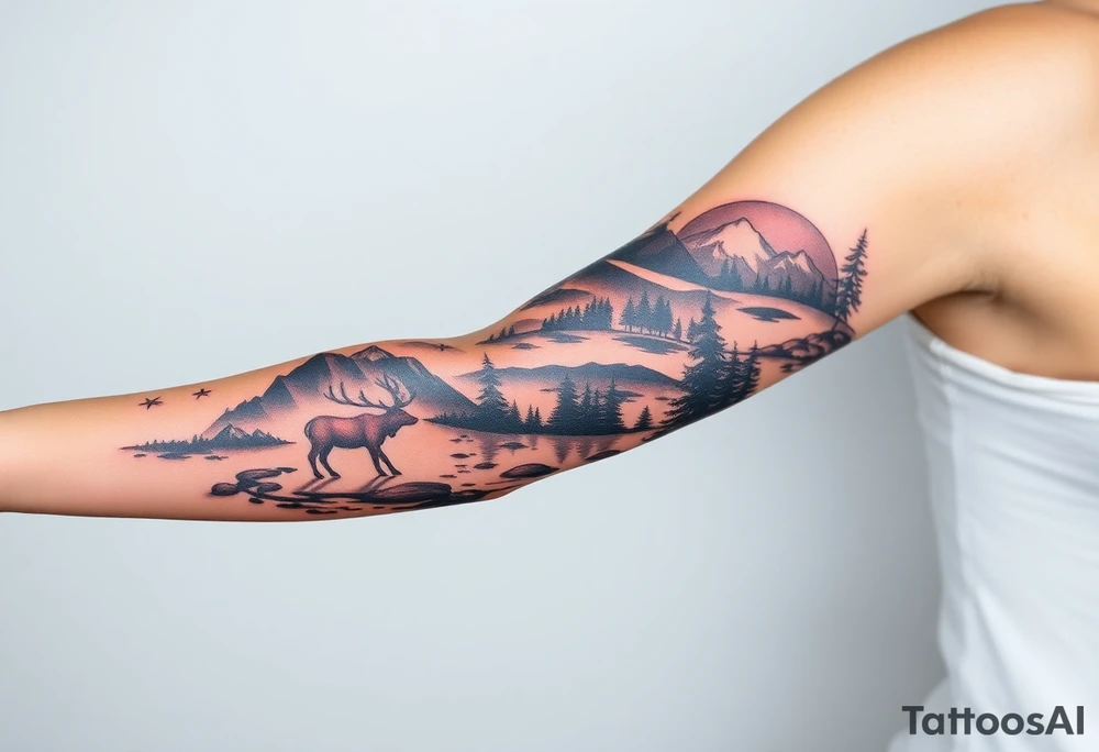 A full-sleeve with the Härjedalen landscape, reindeer, bear, lakes, tattoo idea