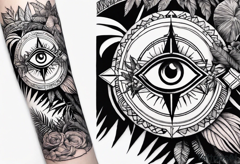 arm sleeve, jungle plants, compass, all-seeing eye tattoo idea