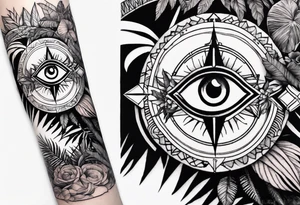 arm sleeve, jungle plants, compass, all-seeing eye tattoo idea