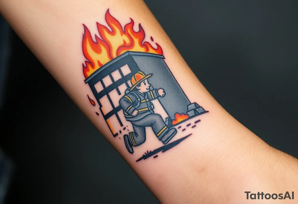 A firefighter running towards a burning building, with dramatic shading in deep oranges, blacks, and grays. tattoo idea