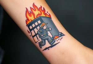 A firefighter running towards a burning building, with dramatic shading in deep oranges, blacks, and grays. tattoo idea