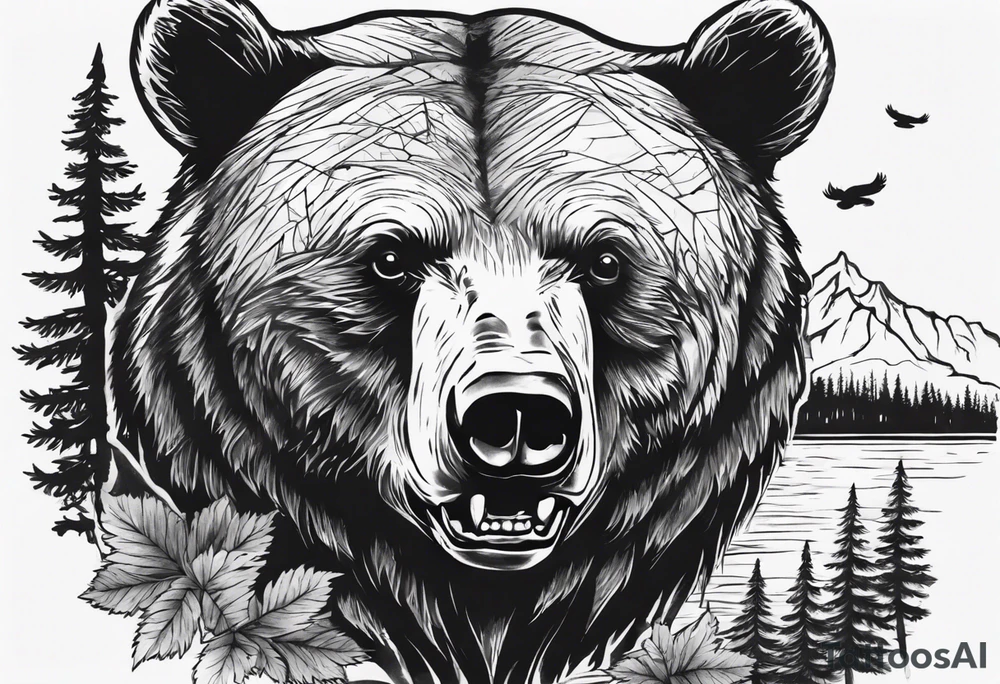 bear head, forest, lake, appalachia, arm sleeve tattoo tattoo idea