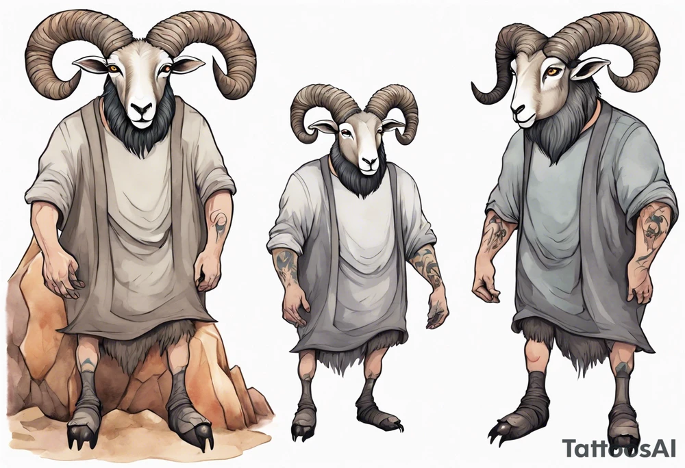 a solitary big-horned sheep with the arms and legs of a large man, wearing a grey tunic standing before a cave with cloven hooves for feet tattoo idea