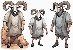 a solitary big-horned sheep with the arms and legs of a large man, wearing a grey tunic standing before a cave with cloven hooves for feet tattoo idea