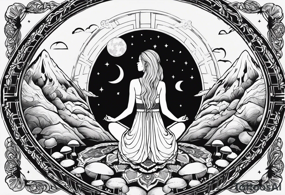 Straight blonde hair girl meditating facing away toward mountains surrounded by mushrooms crescent moon mandala circular design black and white striped dress tattoo idea
