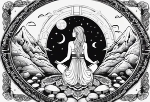 Straight blonde hair girl meditating facing away toward mountains surrounded by mushrooms crescent moon mandala circular design black and white striped dress tattoo idea