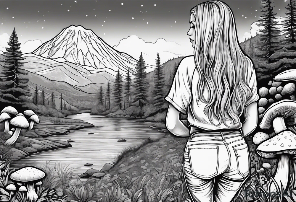 Straight long blonde hair hippie girl in distance holding mushrooms in hand facing away toward mountains and creek surrounded by mushrooms tee shirt and hiking pants tattoo idea