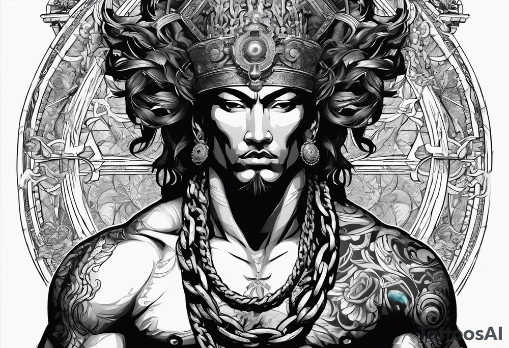 ancient god atlas ( young looking version ) surrounded by big chains and carrying the world top of his head tattoo idea