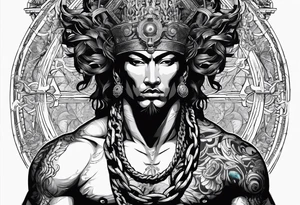 ancient god atlas ( young looking version ) surrounded by big chains and carrying the world top of his head tattoo idea