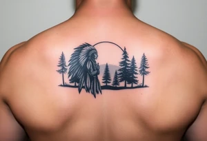 Native american warriors silhouette at sunset with cedar trees tattoo idea