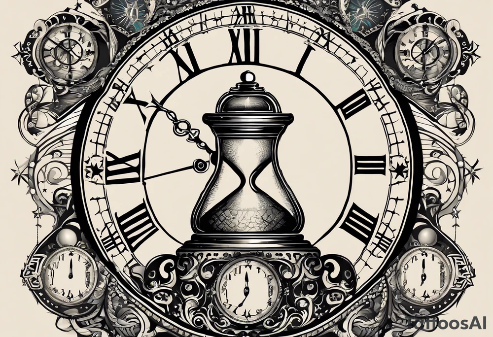 I want a tattoo-inspired design for a t-shirt that features a bold and detailed hourglass with a hand clock in the center, using Amazigh numerals for the clock numbers. The hourglass should have a strong, shaded look, with sharp lines resembling tattoo art. Planets and stars should orbit around the hourglass, giving it a cosmic and timeless feel. The design should be intricate, focusing on the flow of time and the universe, with the planets adding depth and movement. The overall aesthetic should be bold and detailed, in a blackwork tattoo style, without any flowers."black and whit design tattoo idea
