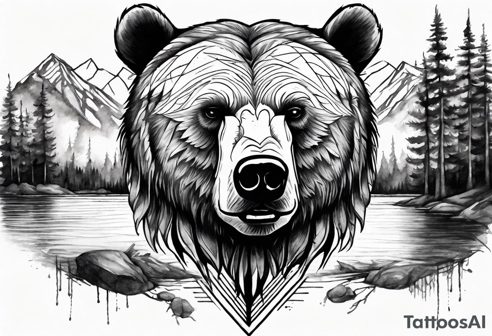 bear head right above the forest line with a lake below, full arm sleeve tattoo tattoo idea