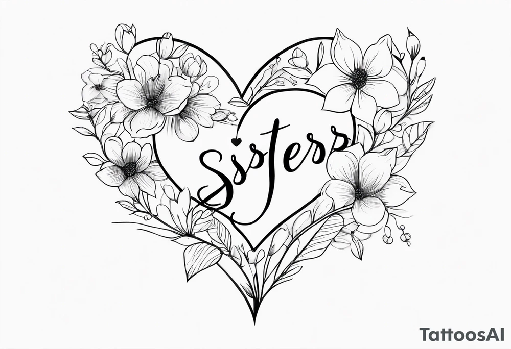 A delicate floral heart with sisters written in script as the line of the one side of the heart. tattoo idea