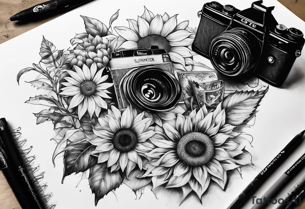 sunflower, book, camera, fish tattoo idea