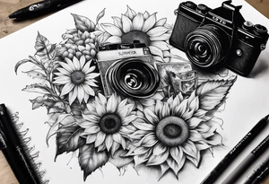 sunflower, book, camera, fish tattoo idea