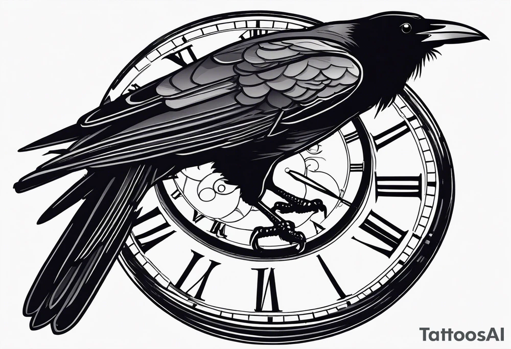 raven perched on clock tattoo idea