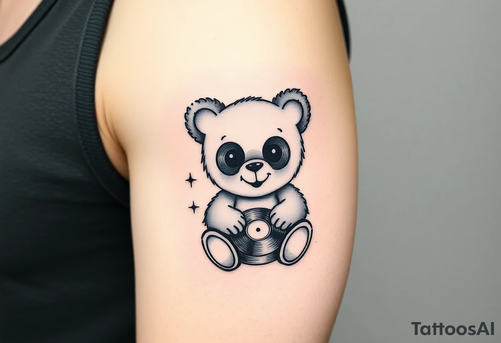 minimalist teddy bear with vinyl records as eyes smiling and sitting on a record tattoo idea
