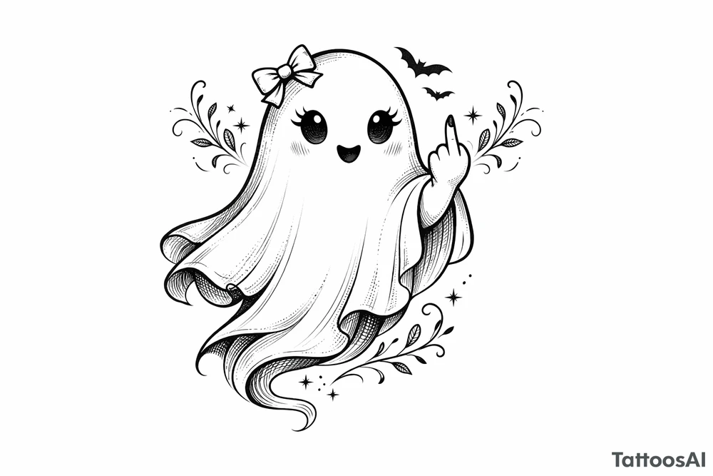 Spooky girly cute ghost giving middle finger flash tattoo idea