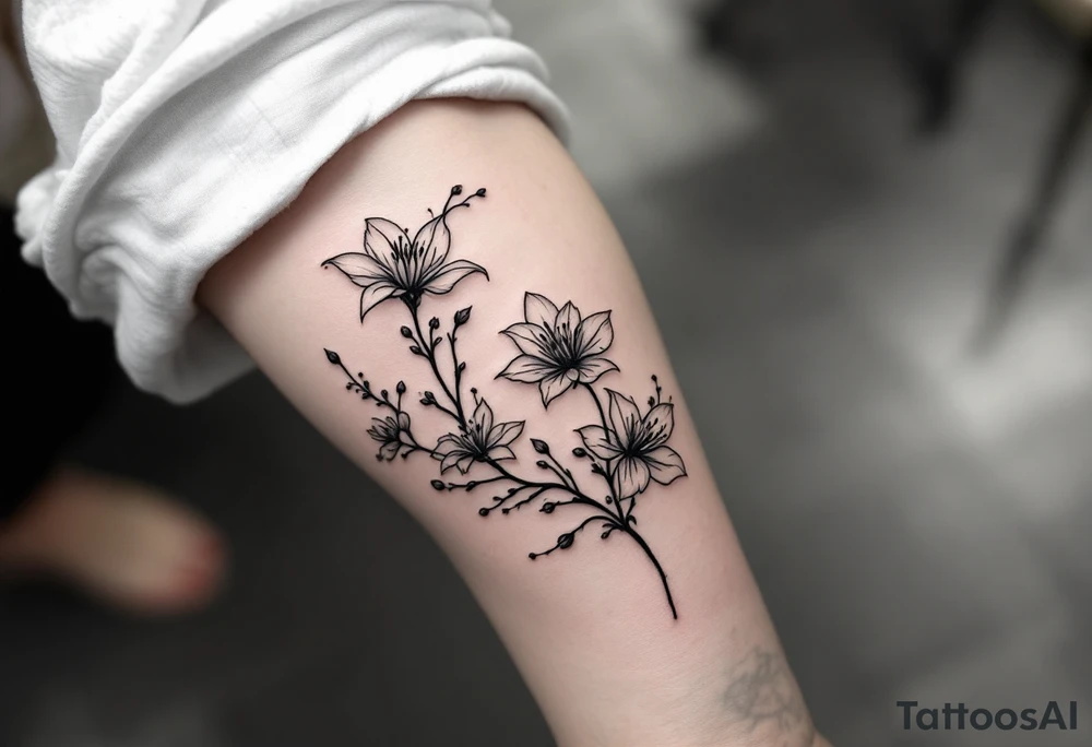 the flower spider lily from demon slayer and add cherry blossoms wrapped around upper arm tattoo idea