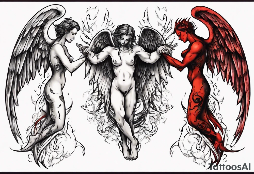 Angel and devil holding each other tattoo idea