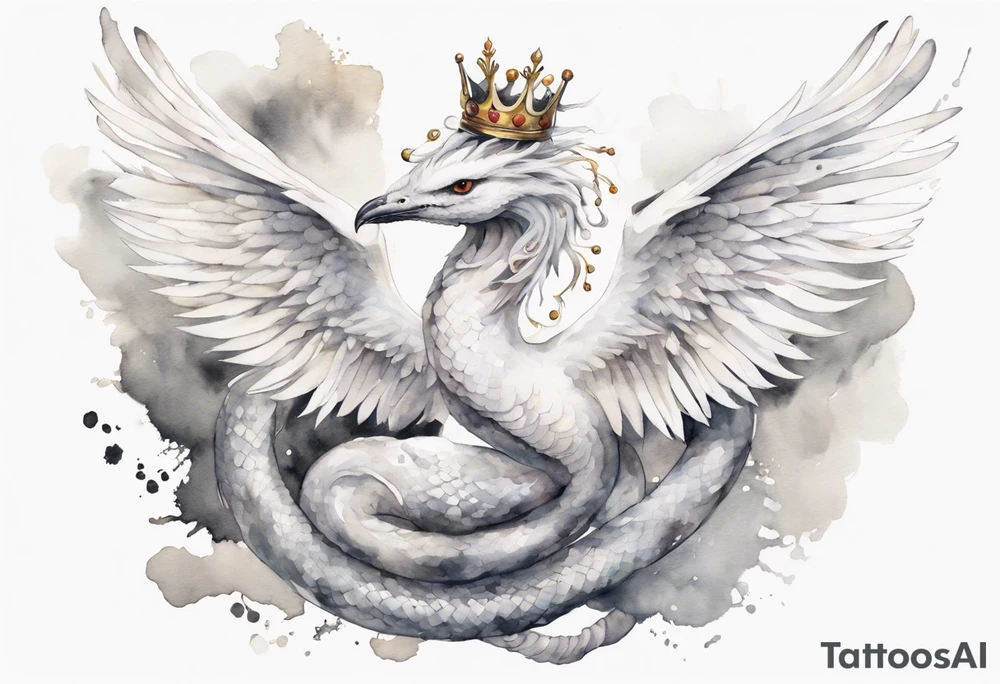 a white bird-serpent hybrid, wearing a small crown on its head, flying in the air tattoo idea
