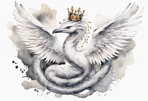 a white bird-serpent hybrid, wearing a small crown on its head, flying in the air tattoo idea