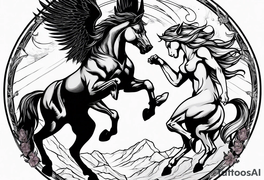 Female werewolf and Pegasus fighting in the night tattoo idea
