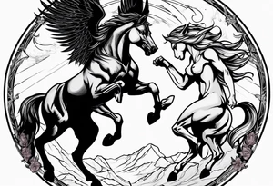Female werewolf and Pegasus fighting in the night tattoo idea