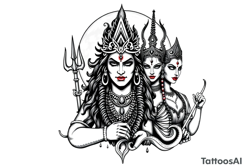 Lord Shiva, Godess Kali, Godess Lilith Together with the moon in the background tattoo idea