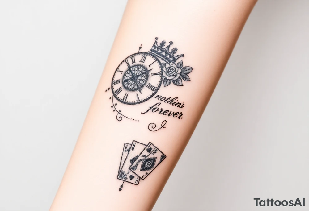 Roman clock with roses and a crown,  a quote that says nothings forever. and on the bottom a deck of cards tattoo idea