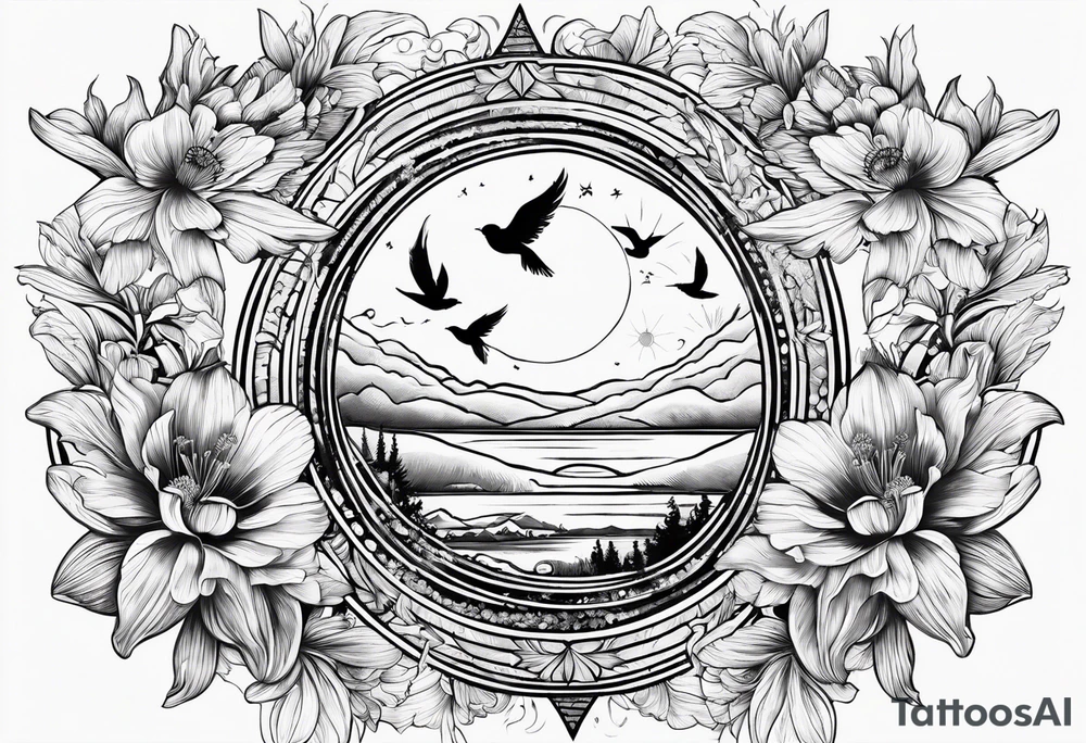 AUM symbol, flying 
sparrow, sunrays, staircase, cosmos, iris, daisy tattoo idea