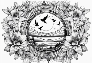 AUM symbol, flying 
sparrow, sunrays, staircase, cosmos, iris, daisy tattoo idea