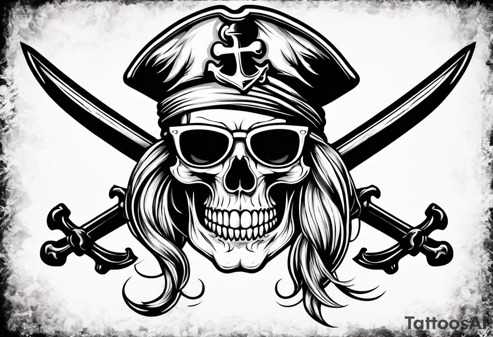 create a pirate flag with a feminine skull with two blonde pigtails and crossbones  wearing glasses tattoo idea