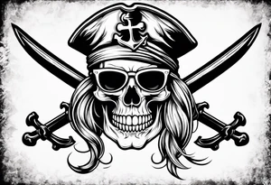 create a pirate flag with a feminine skull with two blonde pigtails and crossbones  wearing glasses tattoo idea