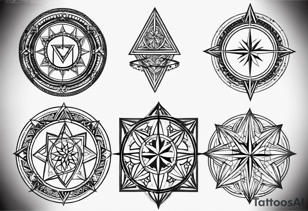 Fine line tattoo in the left forearm on the bottom side. The tattoo will have three shapes placed in a triangle formation. The top shape will be a geometric heart that symbolizes health. The bottom left will have a compass rose as a symbol for purpose. The bottom right will have three circles placed in a triangle formation to symbolize family. Tattoo should be minimalist with just the shapes filled in and no ornaments tattoo idea