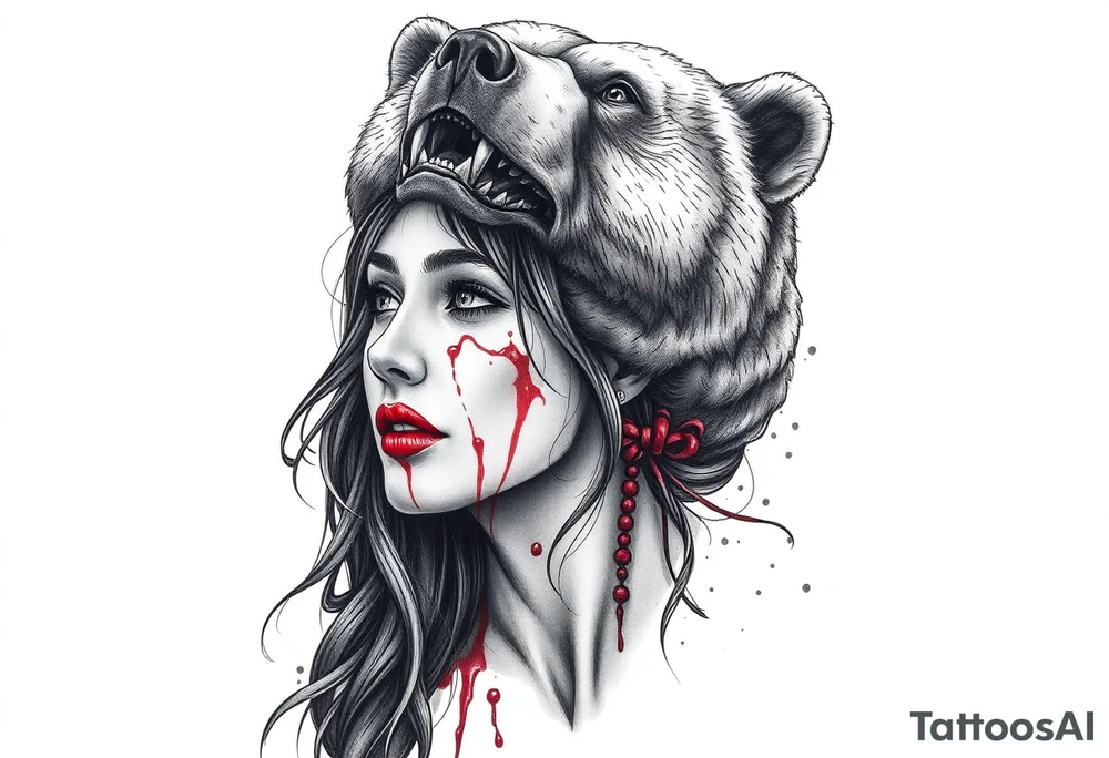 Beautiful Woman with battle scars and blood on face wearing dead bear on head tattoo idea