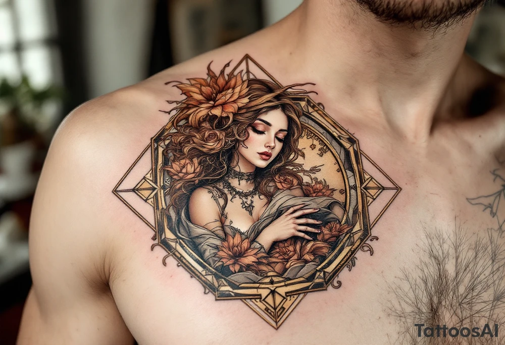Alfons Mucha’s mythic muse cloaked in earthy browns and rose hues, framed by geometric art nouveau borders in tarnished gold. tattoo idea