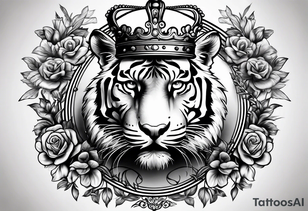 A tiger with crown and smoke rose times clocks tattoo idea