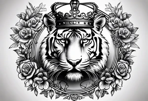 A tiger with crown and smoke rose times clocks tattoo idea