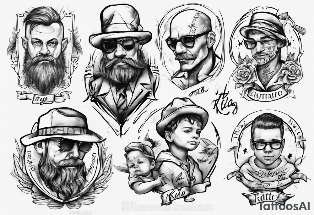 Father and kids tattoo with names of kids tattoo idea
