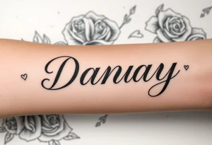 the name Danay, with a background with roses,hearts,sparkles, and other cool stuff. tattoo idea