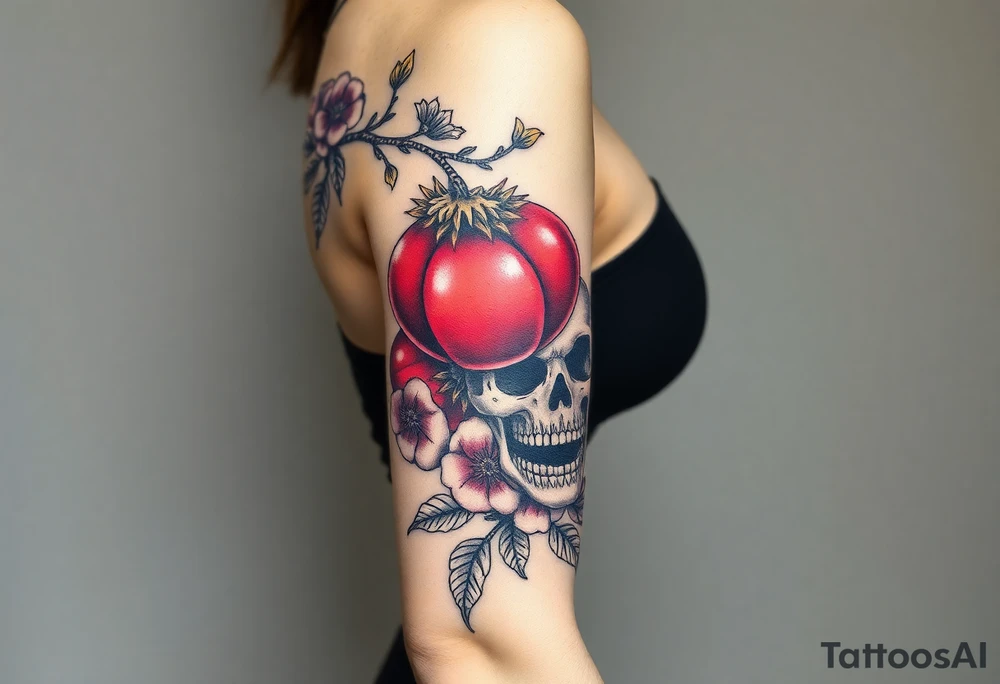 Pomegranate and skulls with female samurai tattoo idea