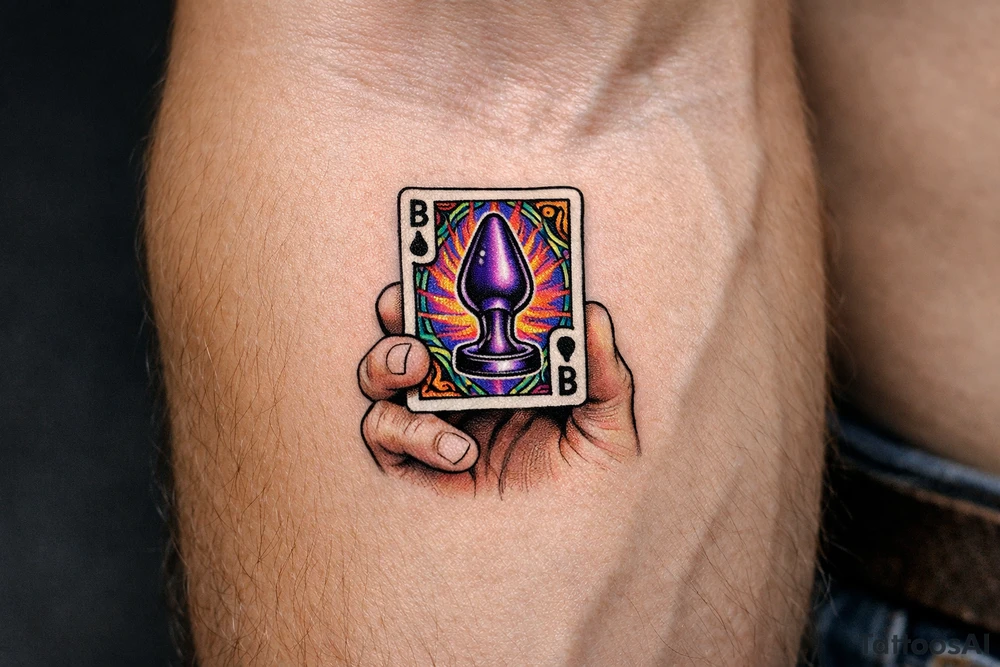 A close-up of a hand holding a playing card with a butt plug suit. tattoo idea