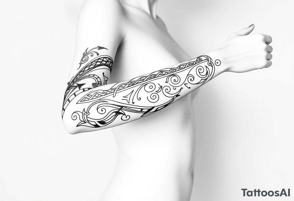 Celtic tribal pattern
and bands black and white shading full sleeve simple tattoo idea