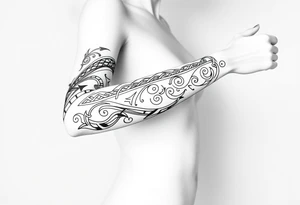 Celtic tribal pattern
and bands black and white shading full sleeve simple tattoo idea